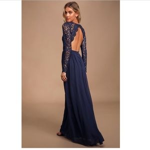 NWT Lulu's Awaken My Love Navy Blue Long Sleeve Lace Maxi Dress Medium